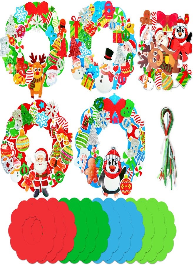 CUUSNNY 12 Sets Christmas Felt Wreath Crafts Kits,DIY Self Adhesive Xmas Sticker Santa Snowman Snowflake Bows Party Holiday Activities Decoration - Image 1